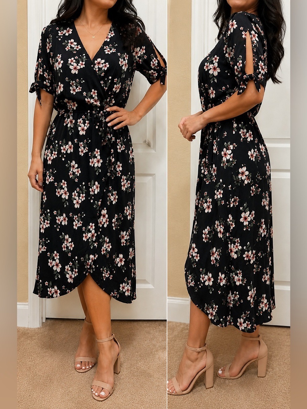 ONE CLOTHING LOS ANGELES FLORAL FUX WRAP MIDI DRESS - Medium